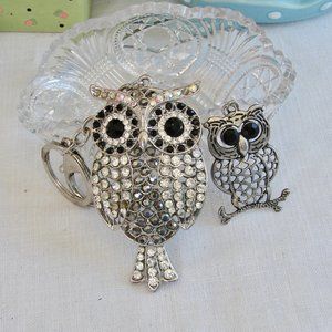 Vintage Rhinestone and Marcasite Owl Keychain  Silvertone Owl Pendant Combo